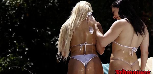  Horny bikini lesbians fingering and licking pussy outdoors